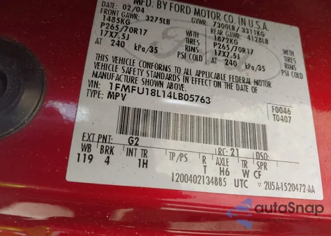 2004 Ford Expedition Eddie Bauer from USA, damaged, VIN 1FMFU18L14LB05763